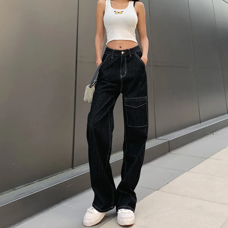 Women Fashion Big Pocket Baggy Trousers Pantalones Cargo Jeans Female Fall Vintage High Waist Black Jeans Y2k Straight Leg Pants