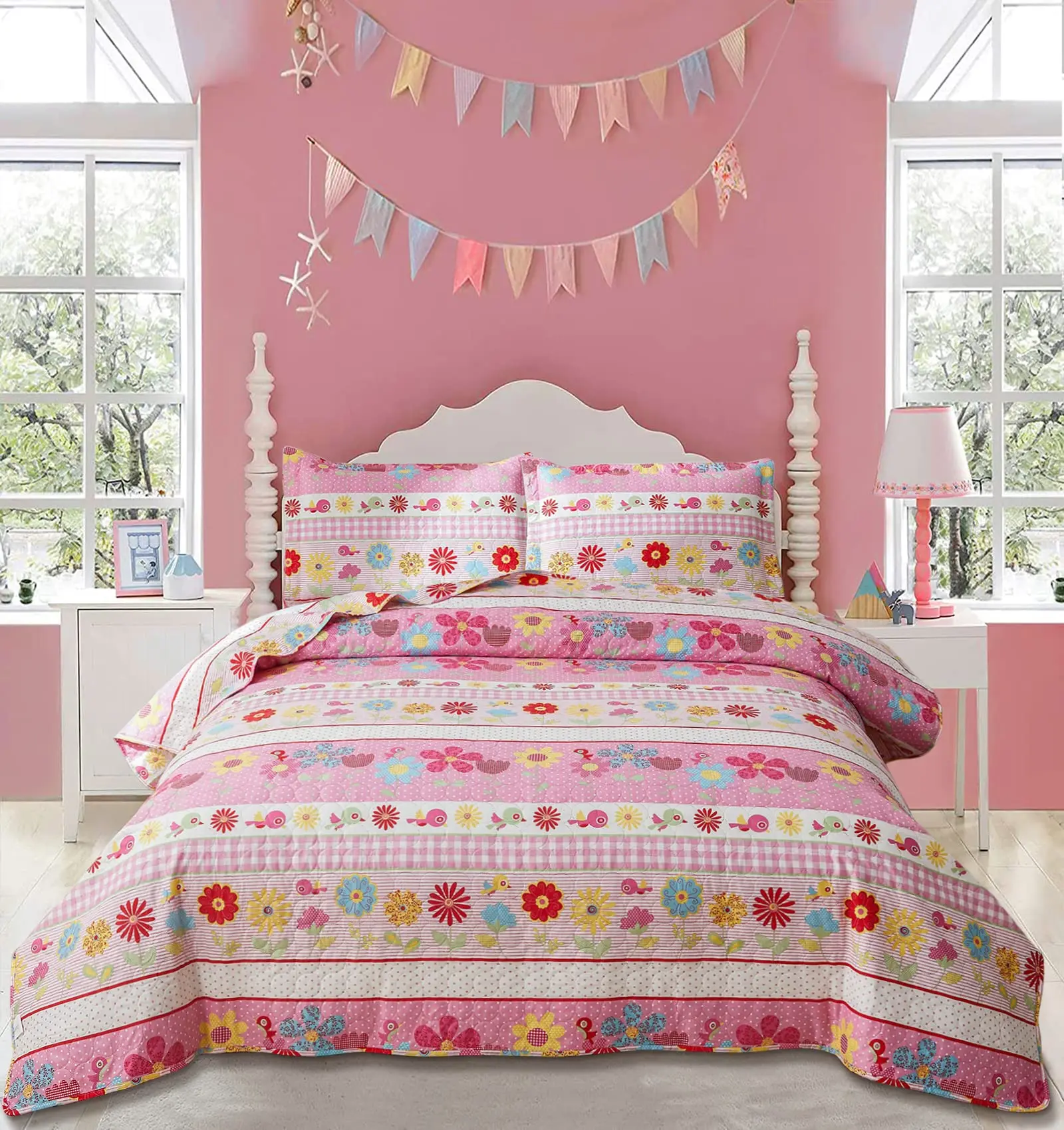 

Girls Floral Quilt Set Twin Size, Reversible Bedspread Bedding Super Soft Microfiber Flowers Birds Dot Stripe Printed Coverlet