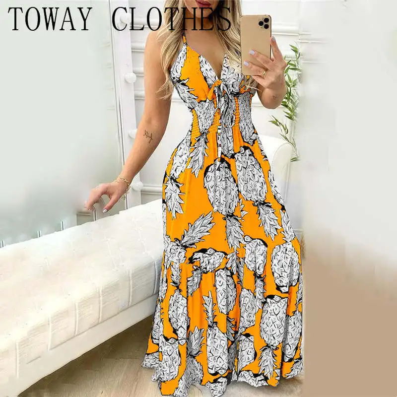 

Женское платье макси с принтом ананасов, летнее платье с лямкой на шее и оборками на подоле, 2022