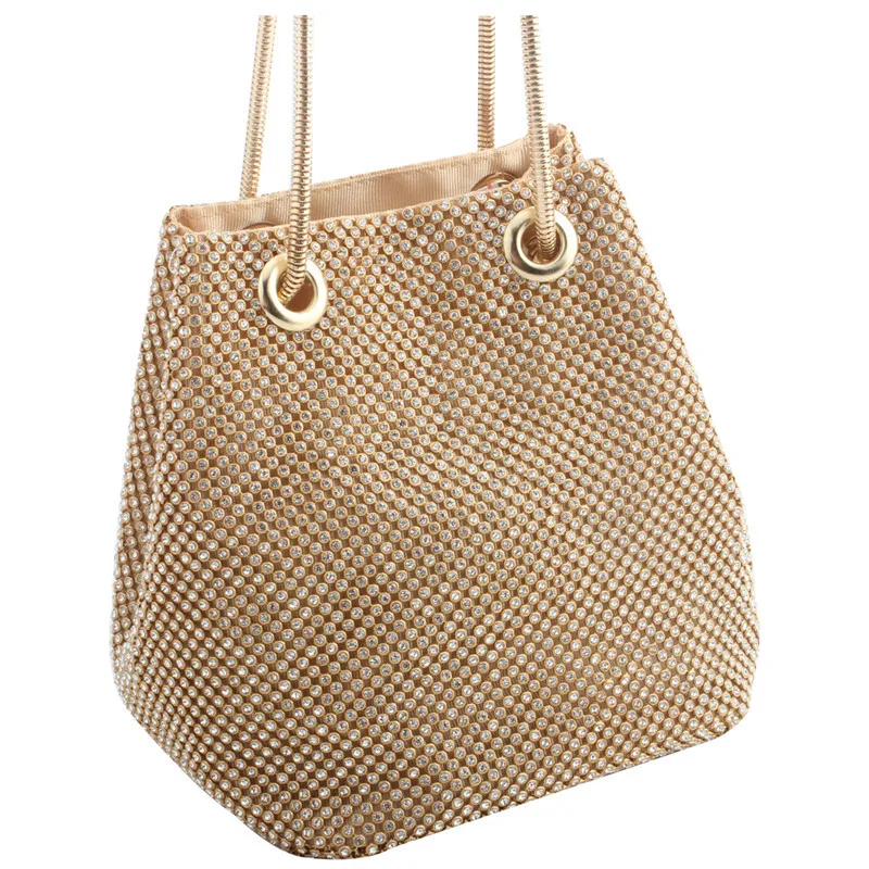 

Women Shoulder Bag Rhinestones Bucket Design Fashion Solid Evening Bags Soft Ladies Handbag Snake Chain Party Wedding Clutch
