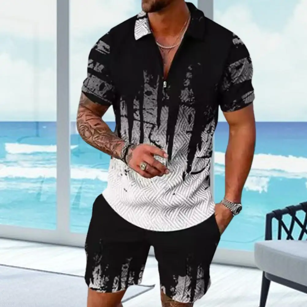 

Summer Tracksuit Stretchy Male Casual T-shirt Shorts Activewear Zipper Neckline Sweat Absorption Casual Outfit Daily Garment