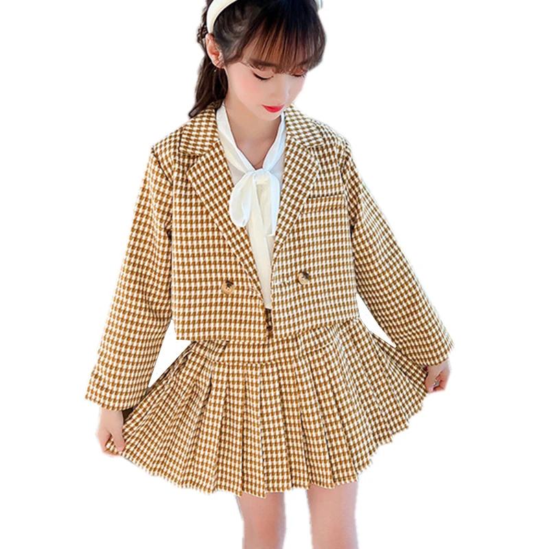 Клетчатый роскошный брендовый женский костюм демисезонные детские куртки + юбка