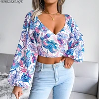 new women chiffon shirt lantern sleeve v neck 2022 spring summer floral cropped navel loose casual top fashion wild clothing