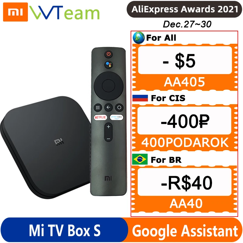  ТВ-приставка Xiaomi Mi Box S, 4K HDR, Android, 2 + 8 Гб, Wi-Fi 