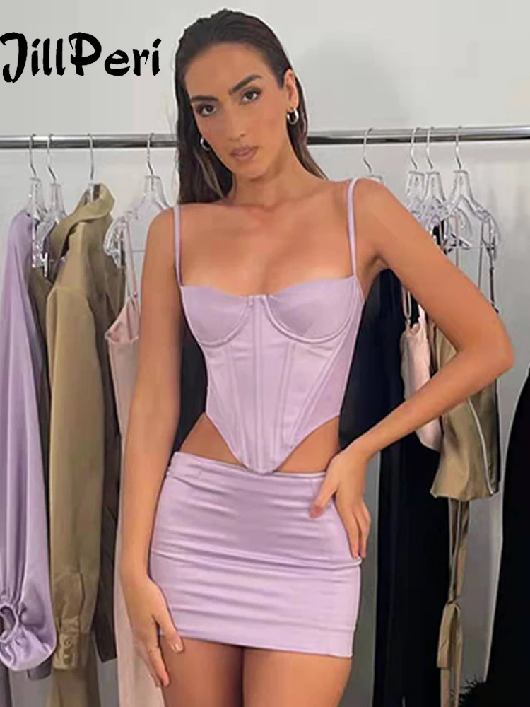 JillPeri Fashion Summer Crop Tops For Women Adjustable Camis Padded Double Layered Satin Lady Corset Top Purple Party Bustier