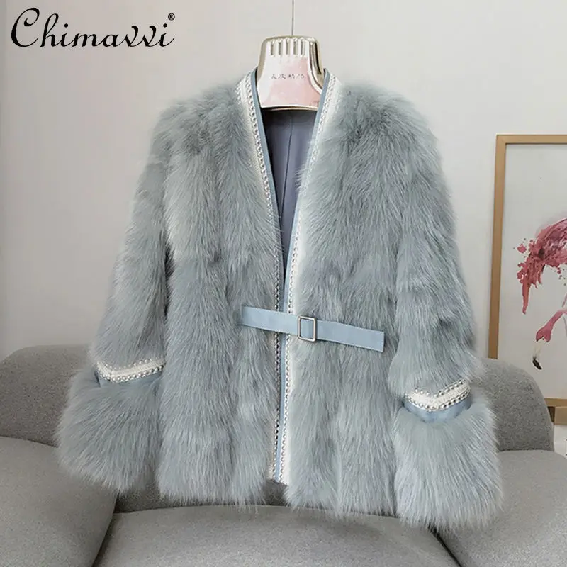

2022 New Women's Korean Style Fox Fur Jacket Winter High Street Blue Casual Furry Coat Female Fashion Slimming Overcoat