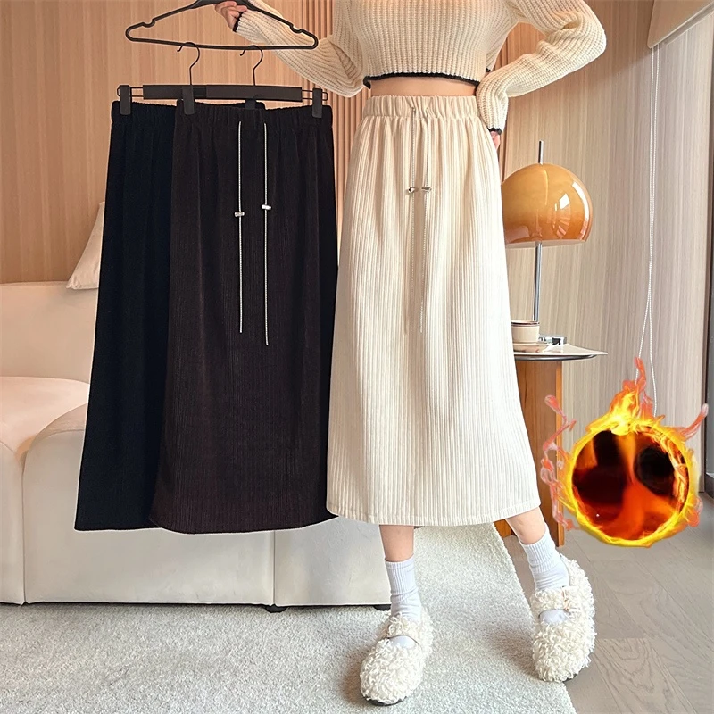 

Autumn winter fleece thicken corduroy Long Skirt Solid Elastic Waist French Elegant Retro Female loose straight Warm y2k Skirts
