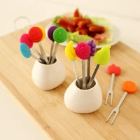 6 pcs a set cute mini animal cartoon forks stainless steel fruit picks dessert coffee ceramic handle party supplies for kids