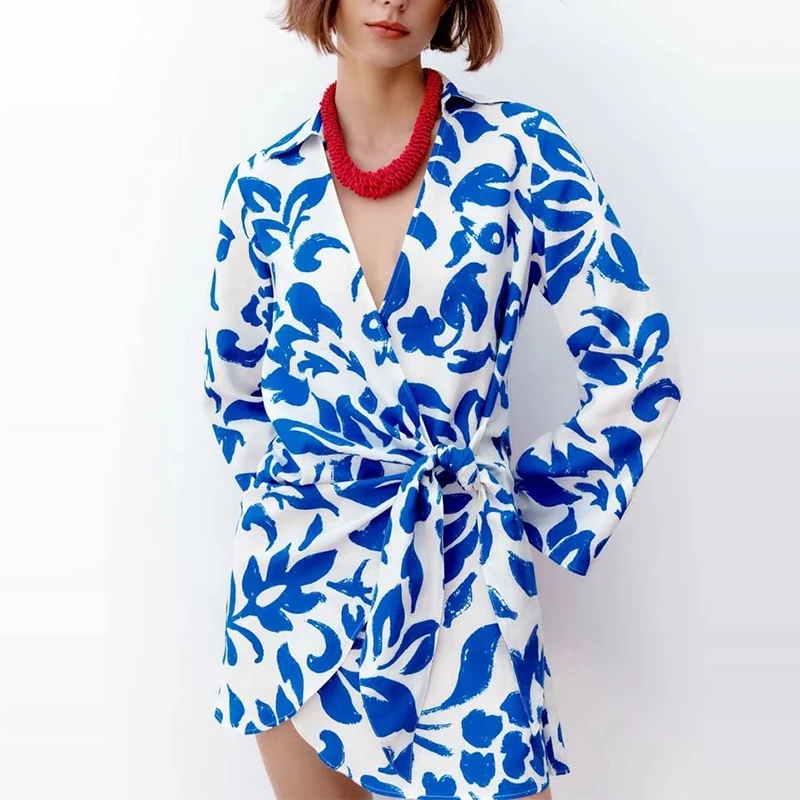 

Spring 2022 Women Print Lace-up Mini Dress Long Sleeve Turn-down Collar Ladies Elegant Dress Vestidos BB22413