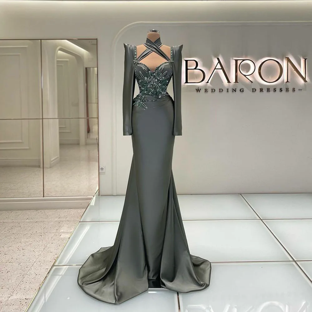 

Msikoods Satin Mermaid Formal Evening Dresses Halter Long Sleeves Prom Gowns Beads Lace Sweep Train Women Special Party Gowns