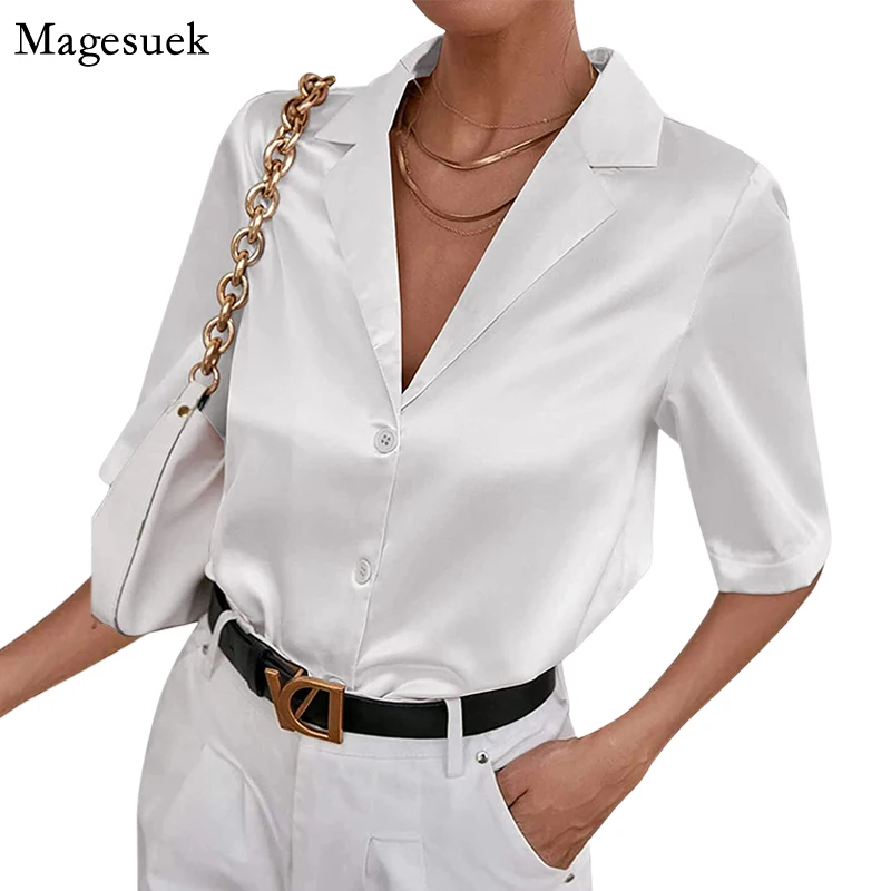 

Блузка Женская атласная на пуговицах, с коротким рукавом и отложным воротником