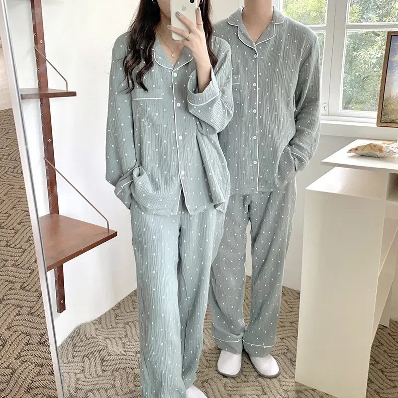 

Home Pajamas Vintage Set Cotton Shirts Women Suit Warm Two Piece Breasted Single Loose + Wave Trousers Point Leisurewear Suit