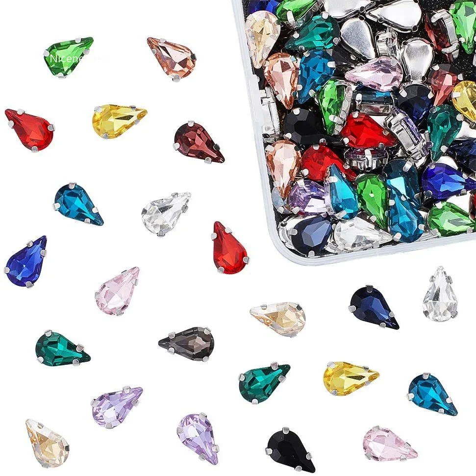 

90pcs Sew On Rhinestones Teardrop Sewing Crystal Glass with Platinum Plated Prongs Cup Flatback Claw Rhinestones for Jewelry