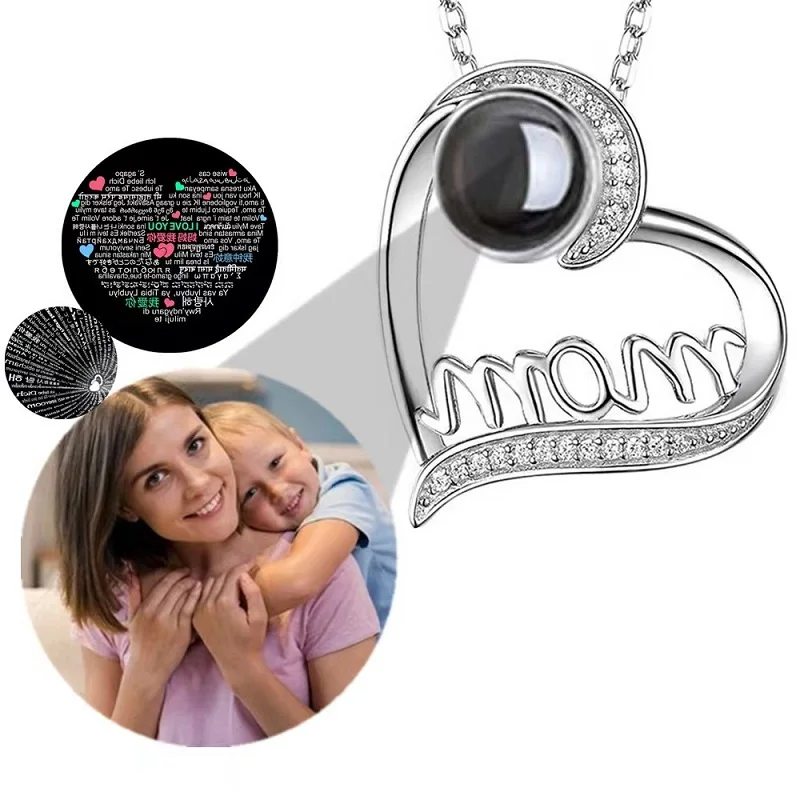 New Custom Photo Projection Necklace Mom Heart-shape Necklaces Pendant Zircon Choker Mother's Day Thanksgiving Day Jewelry Gift