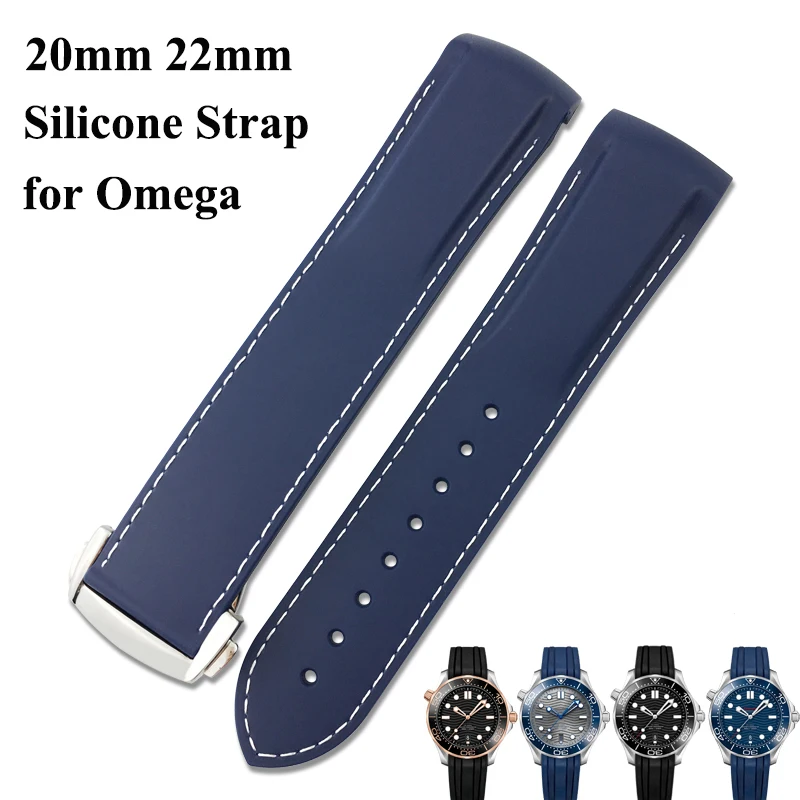 

20mm 22mm Silicone Watchbands for Omega Seamaster 300 Bracelet Blue Black Orange Strap Silver Stainless Steel Buckle (with logo)