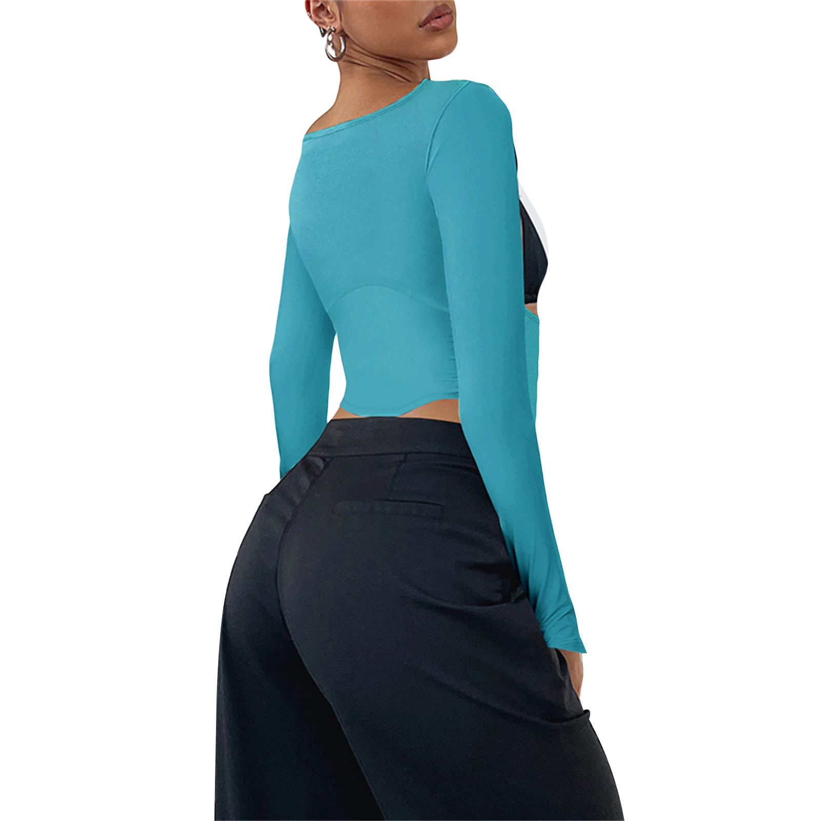 Женские укороченные топы с длинным рукавом Однотонная футболка круглым вырезом