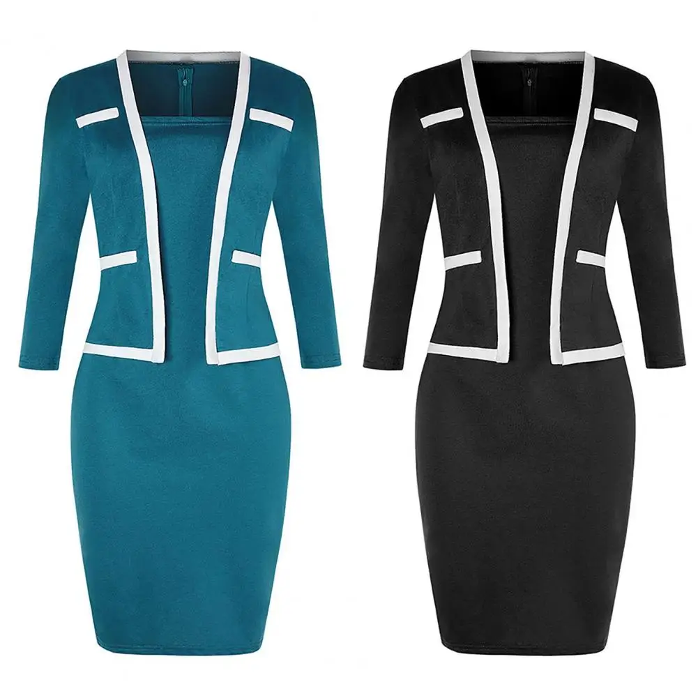 

Деловое облегающее платье из двух частей, элегантное платье-блейзер с квадратным вырезом, синее/черное весеннее платье для вечерние