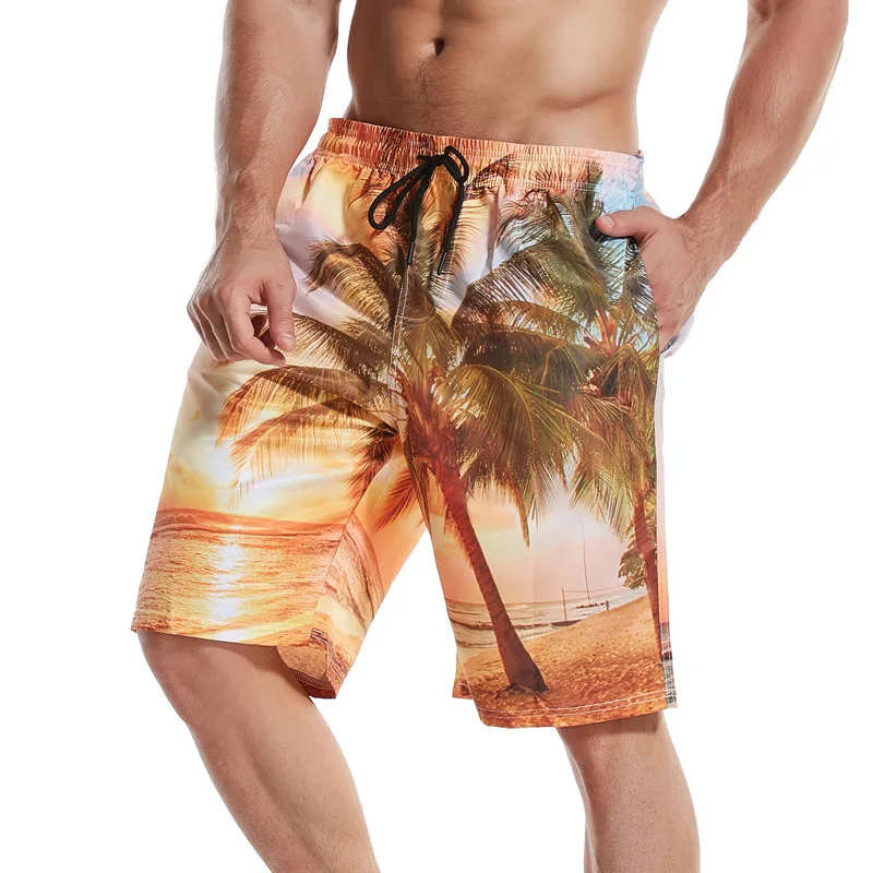 Summer Men Beach Shorts Casual Coconut Tree Print Seaside Sport Shorts Lightweight Breathable Party Short Pants Holiday