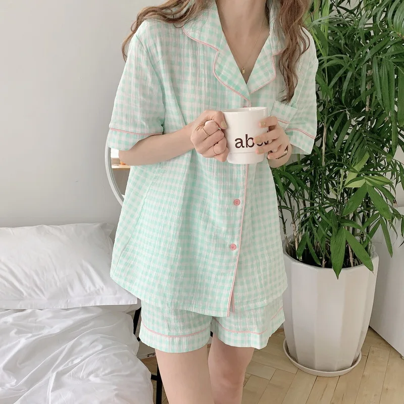 Korea Fashion Sleepwear New Summer Casual Comfortable Pajama Plaid Short-sleeved Shorts Suits Pajamas Women Home Wear Sets