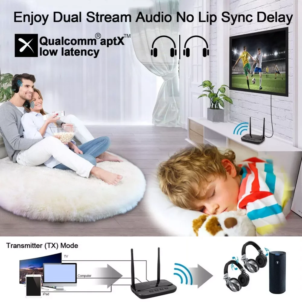 

80m Bluetooth 5.0 Audio Transmitter Receiver Bypass aptX LL HD Wireless Adapter SPDIF AUX 3.5mm For PC TV Pair 2 Headphones