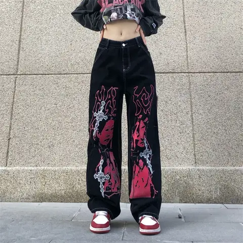 Hip Hop Y2K Women Black Jeans Streetwear Fashion Spring Autumn Oversize Pants Vintage Loose Straight Wide Leg Casual Trousers