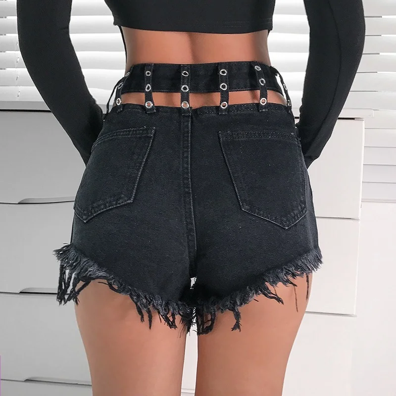 High Waist Shorts Sexy Hollow Denim Wide Leg Shorts 2021 New Women All-Match Casual Black Shorts for Female Fashion New Slim Hip