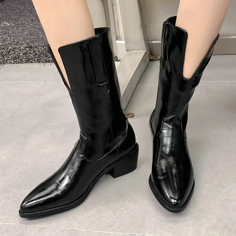 

Plus Size 44 45 46 Women Shoes Front V Cut Riding Equestrian Knight Mid-calf Booties Pointed Toe Big Calves Cowboy Cowgirl Boots
