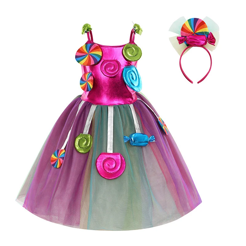 

Halloween Sweet Candly Princess Dress Girls Performance Costumes Chirstmas Party Kid Cosplay Cute Rainbow Mesh Dresses Accessory