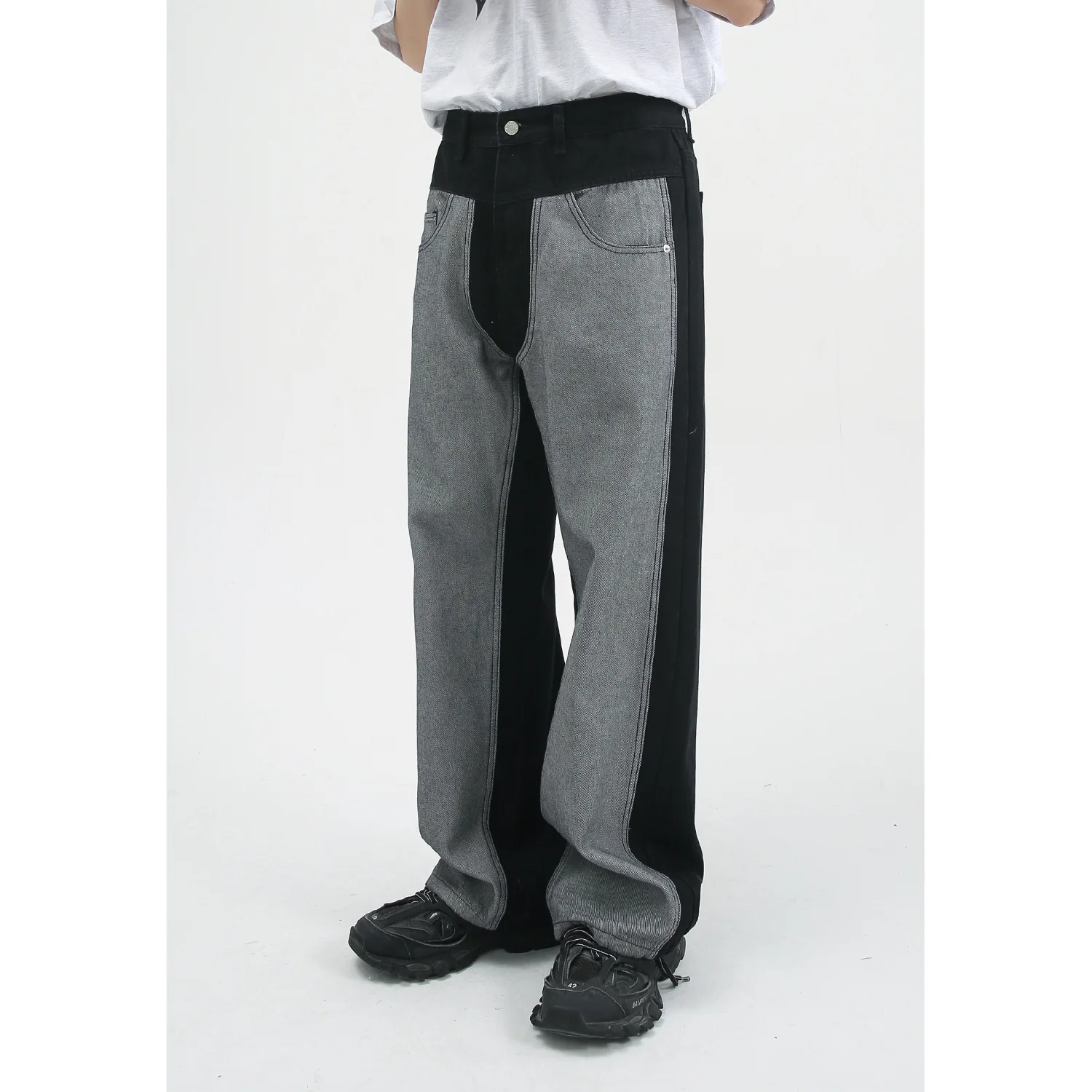 Four Seasons Men's Trousers Loose Trend Stitching Men's Straight Loose Jeans Hip Hop Style Street Jeans INS Hot Street Style