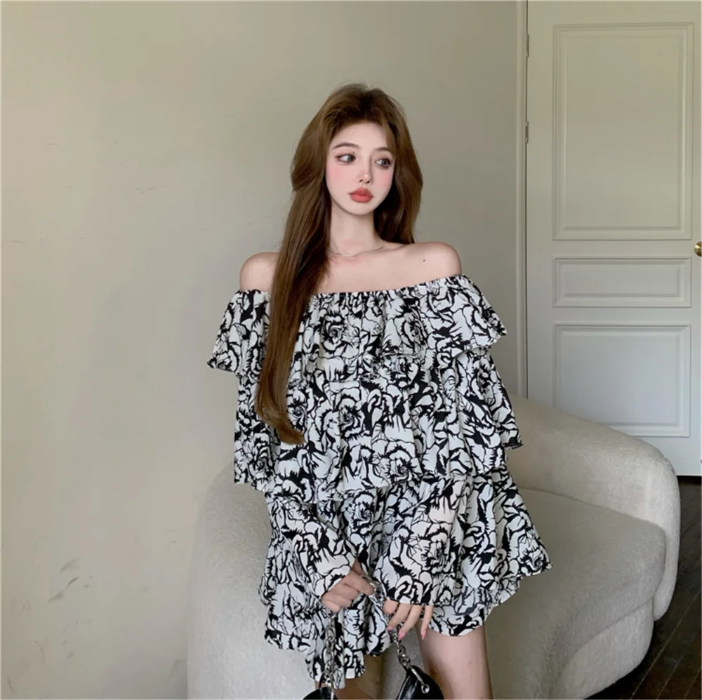 

VANOVICH French Style Temperament Sweet Slash Neck Mini Loose Waist Dress Women's 2023 Summer New Butterfly Sleeve A-line Dress