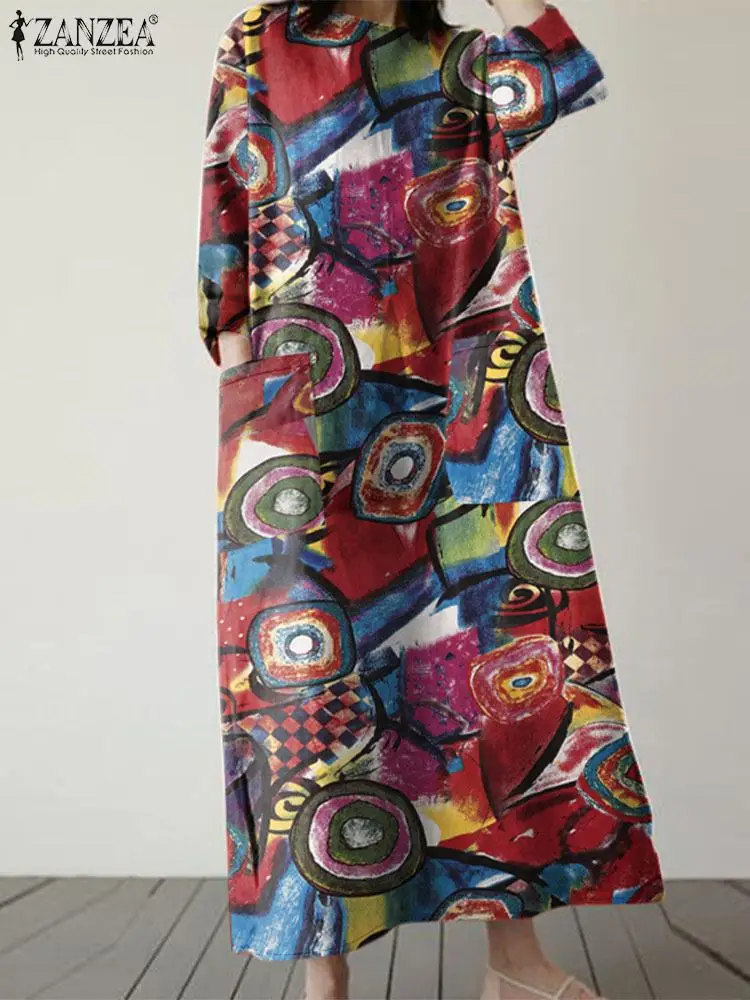 ZANZEA 2024 осеннее винтажное мешковатое платье с длинным рукавом сарафан кафтан