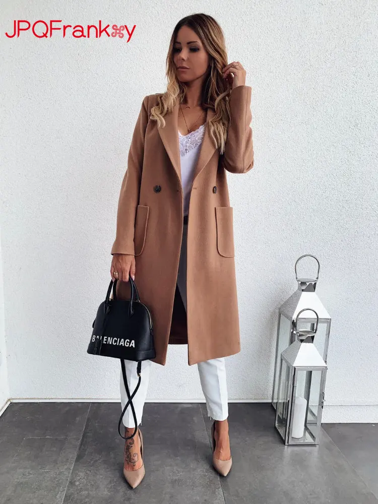 

Popular Autumn Winter Solid Color Long Sleeve Double Pocket Suit Collar Wool Coat Womens Winter Clothing 2022 Coats for Women