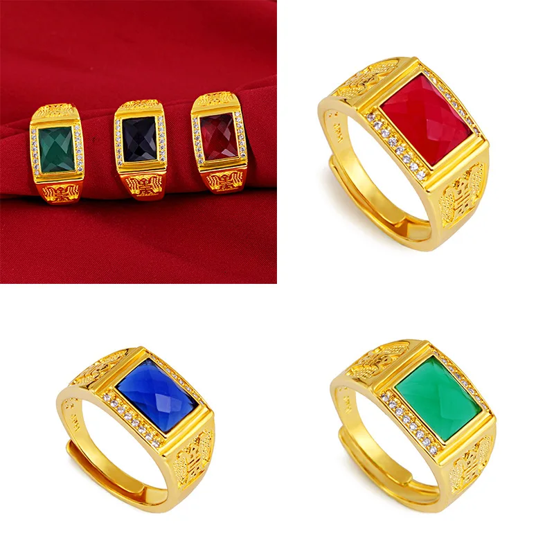

HOYON Men's Ring Fine Jewelry 18K Yellow Gold Color Diamond color Gem Red Green Blue Zircon Ring Open size for wedding gift