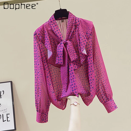 

Women's Clothing Elegant Bow Tied Ruffled Chiffon Shirt Women's Blouse Long Sleeve All-Match Tops Lady Blusas Spring Autumn 2021