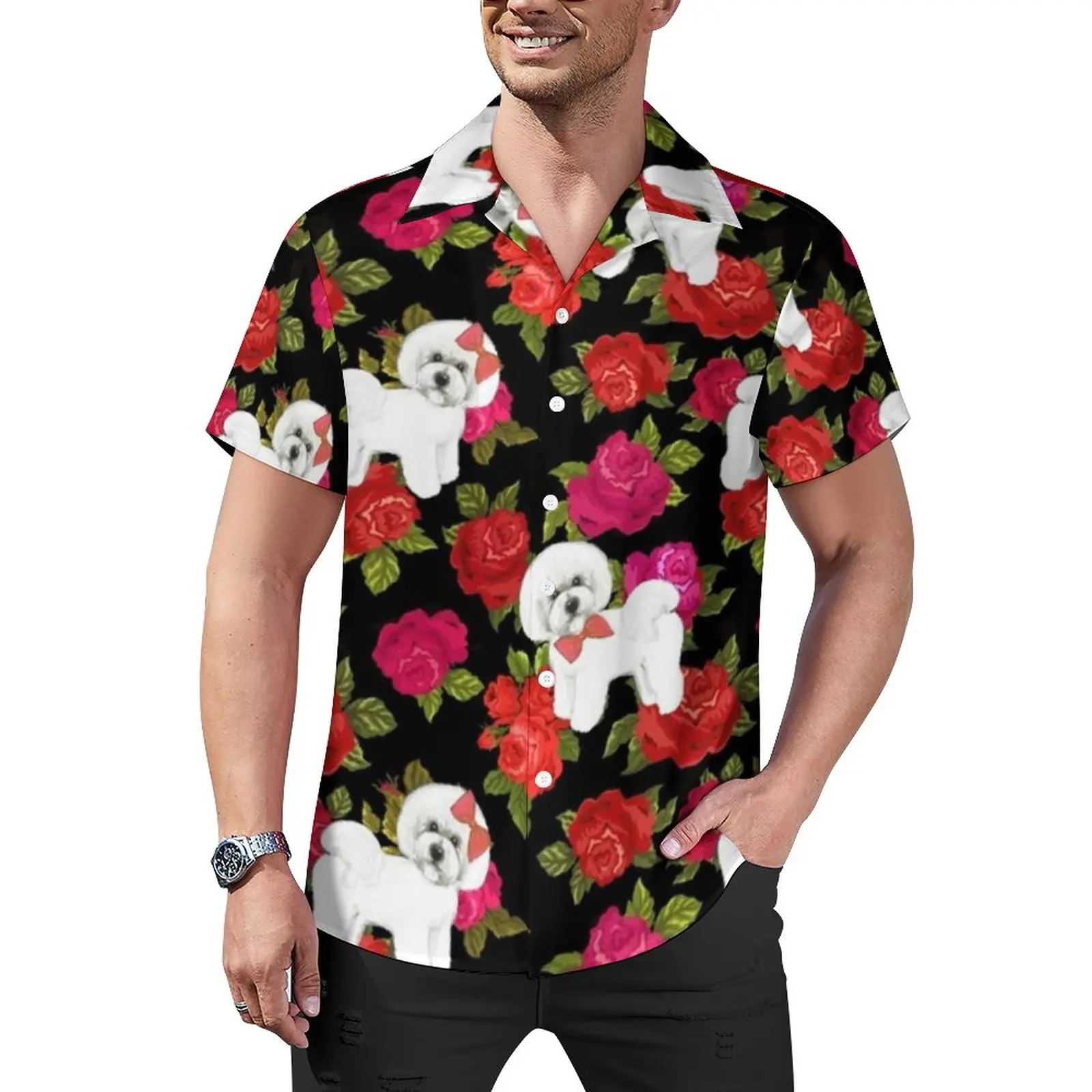 

Повседневные рубашки для собак, Пляжная рубашка с рисунком пуделя, розы, Гавайские винтажные блузки, мужские индивидуальные большие размеры