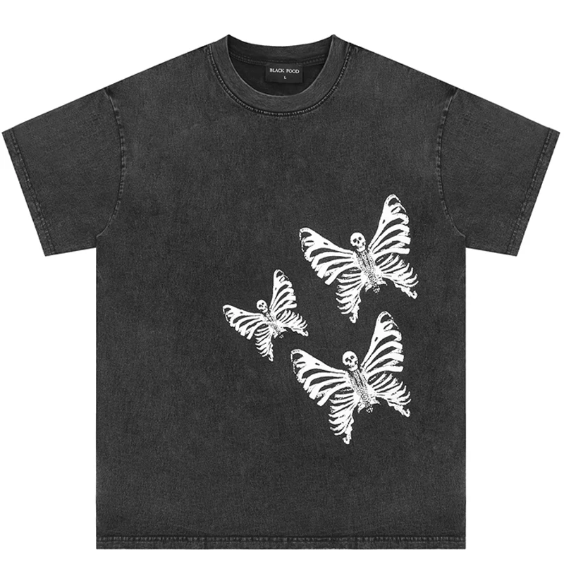 

High Quality New Fasion Washed Vintage Skull Butterfly Printed Short Sleeves T-shirt Men Women Best Quality T Shirt Tops Tee