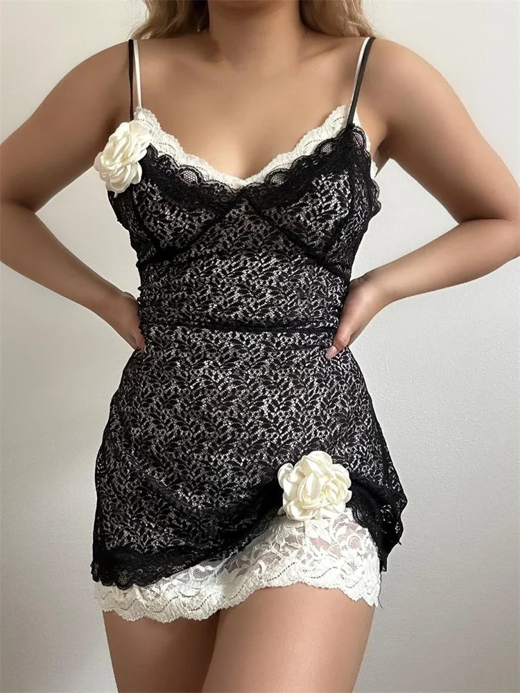 

Женское Короткое мини-платье hirigin Y2K с объемными цветами, сексуальное платье на бретельках без рукавов с V-образным вырезом, кружевное лоскутное платье с рюшами