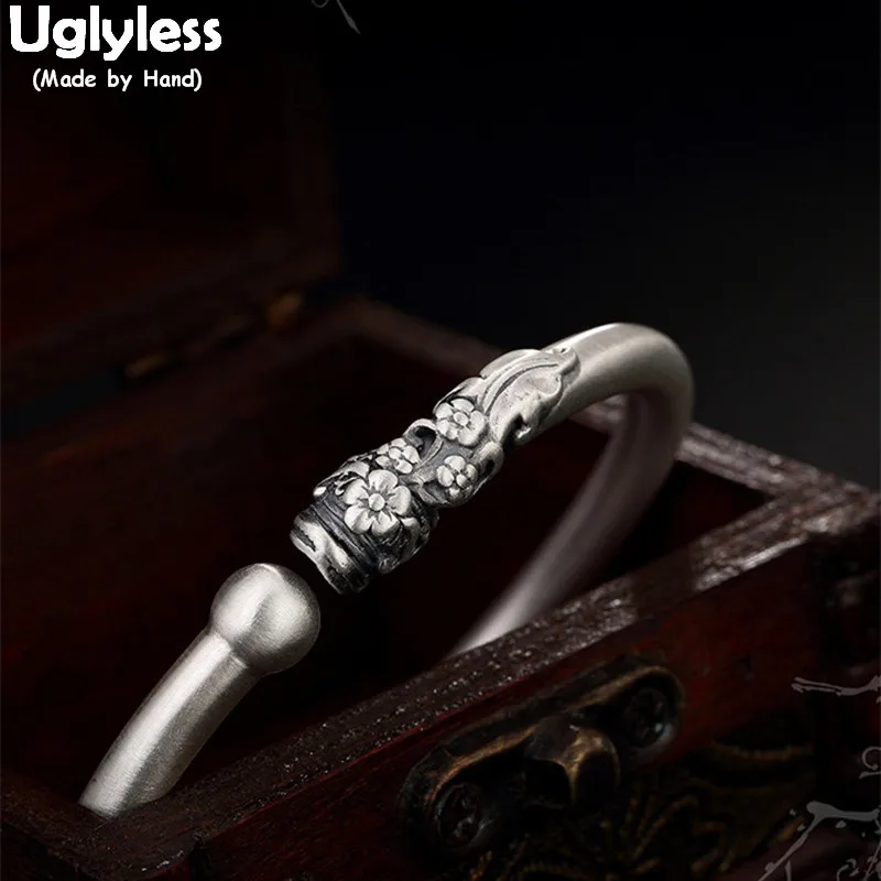 

Uglyless Real 999 Fine Silver Women Floral Bangles 8MM Thick Handmade Fine Jewelry Elegant Lady Dress Bijoux Plum Flower Bangle