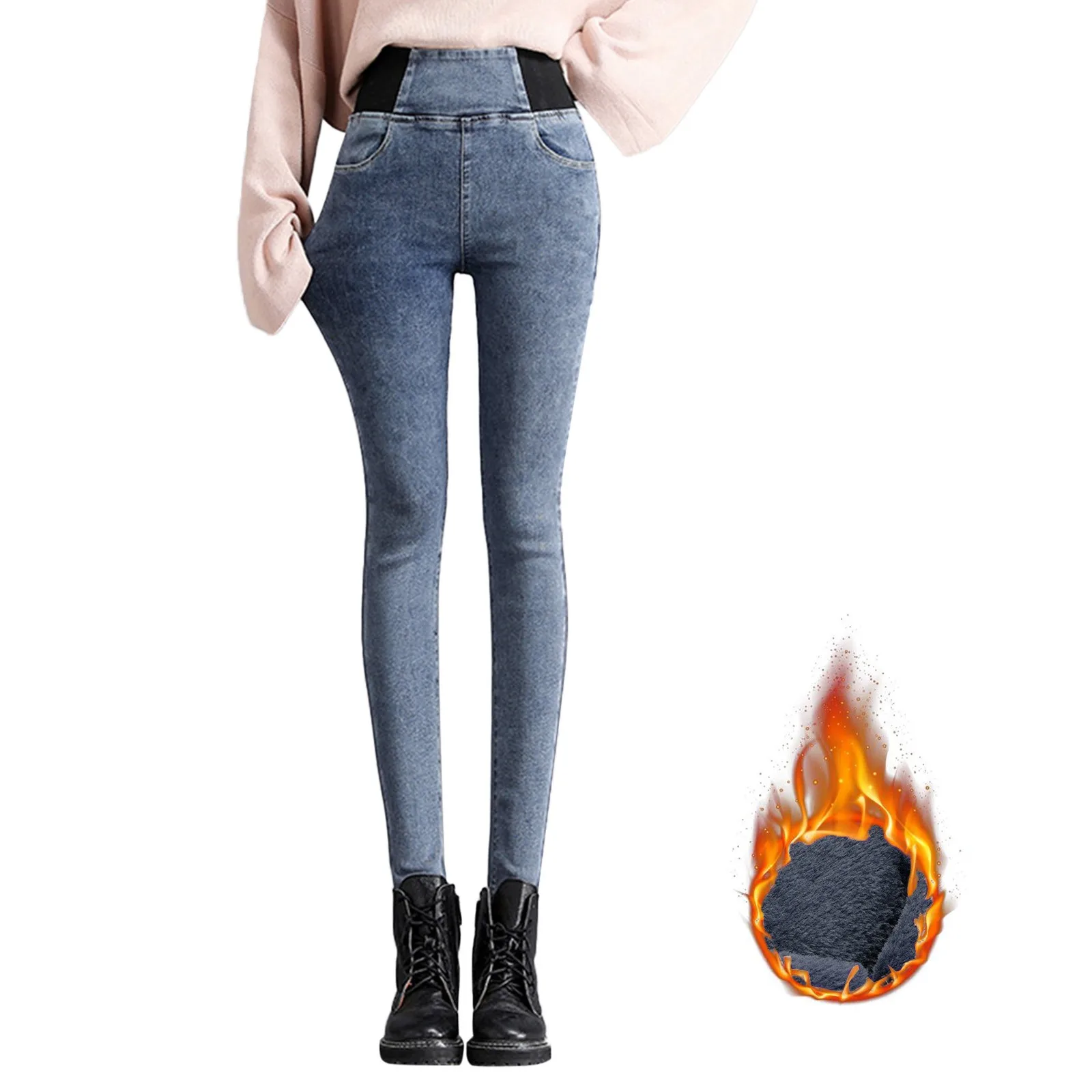 

Womens High Waist Jeans Black Slim Fit Elastic Waist Ladies Jeans Pants Stretch Thermal Warm Fleece Lined Corduroys Women