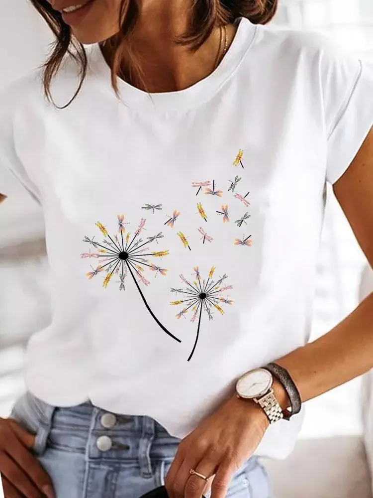 

Sleeve Fashion Female Graphic Tee Women Print Dandelion Dragonfly 90s Summer Casual Clothes Ladies T Clothing T-shirts
