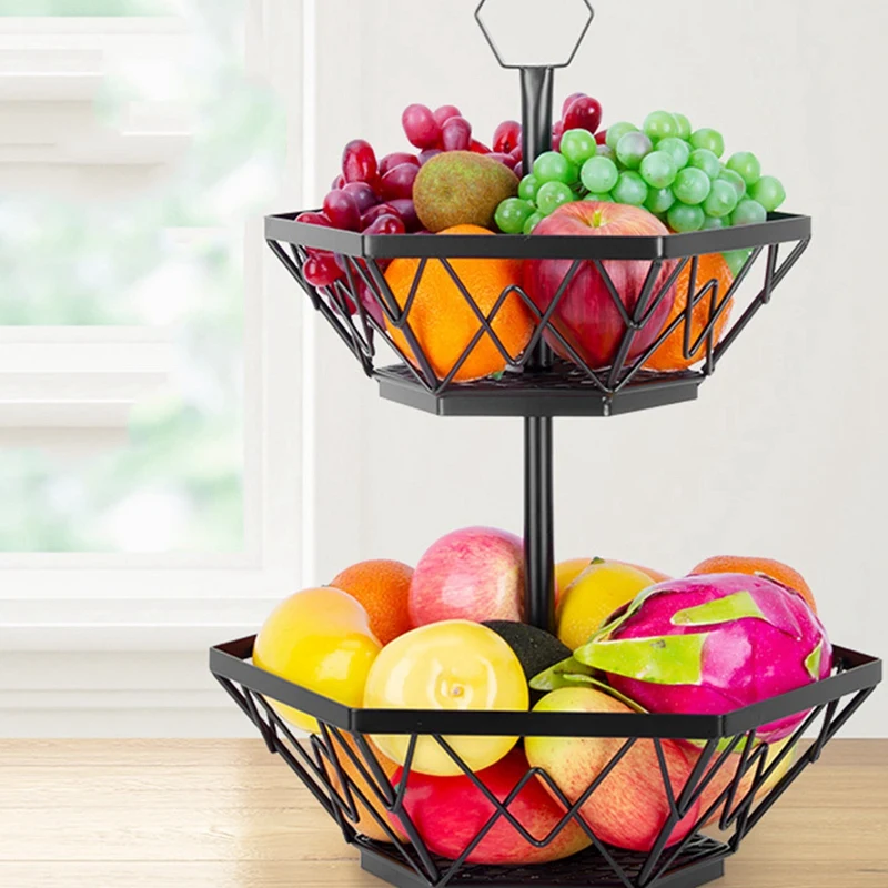 

2 Tier Fruit Basket, Double Metal Fruit Bowl, Vegetable Bread Basket For Home Farmhouse Kitchen Countertop Storage Rack