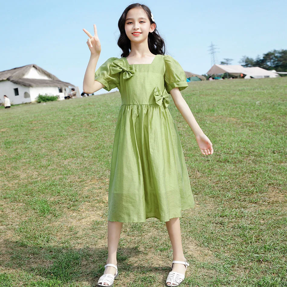 

Kid Designers Clothes Summer Dress for Girls Brief Basic Green Frock For Girls 6 7 8 9 10 Years Old Kids Princess Beach Dress