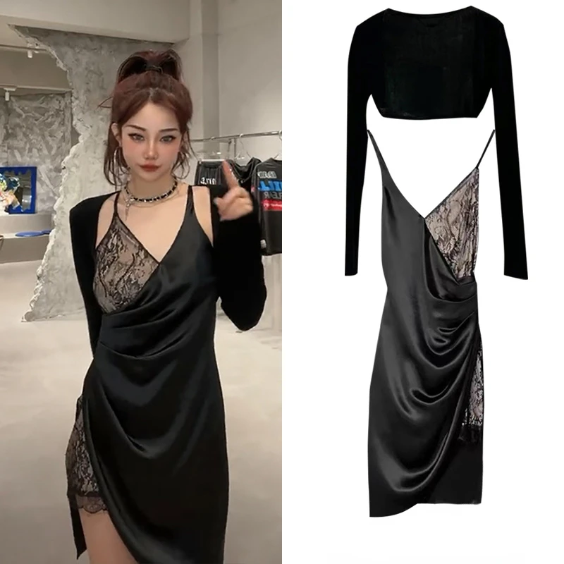 

Новинка, стильное платье на бретелях, женское соблазнительное черное платье с асимметричной юбкой
