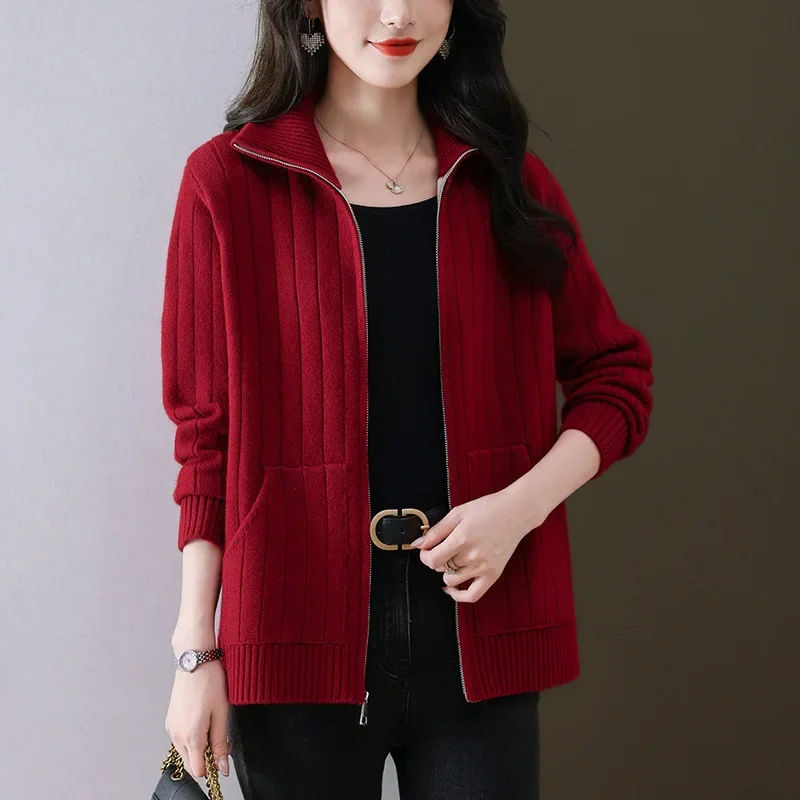 Новинка 2024 женский вязаный кардиган-поло/черепашка высококачественный свитер на