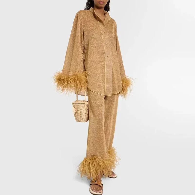 Элегантный женский наряд весенняя рубашка на пуговицах и брюки пижама из 2