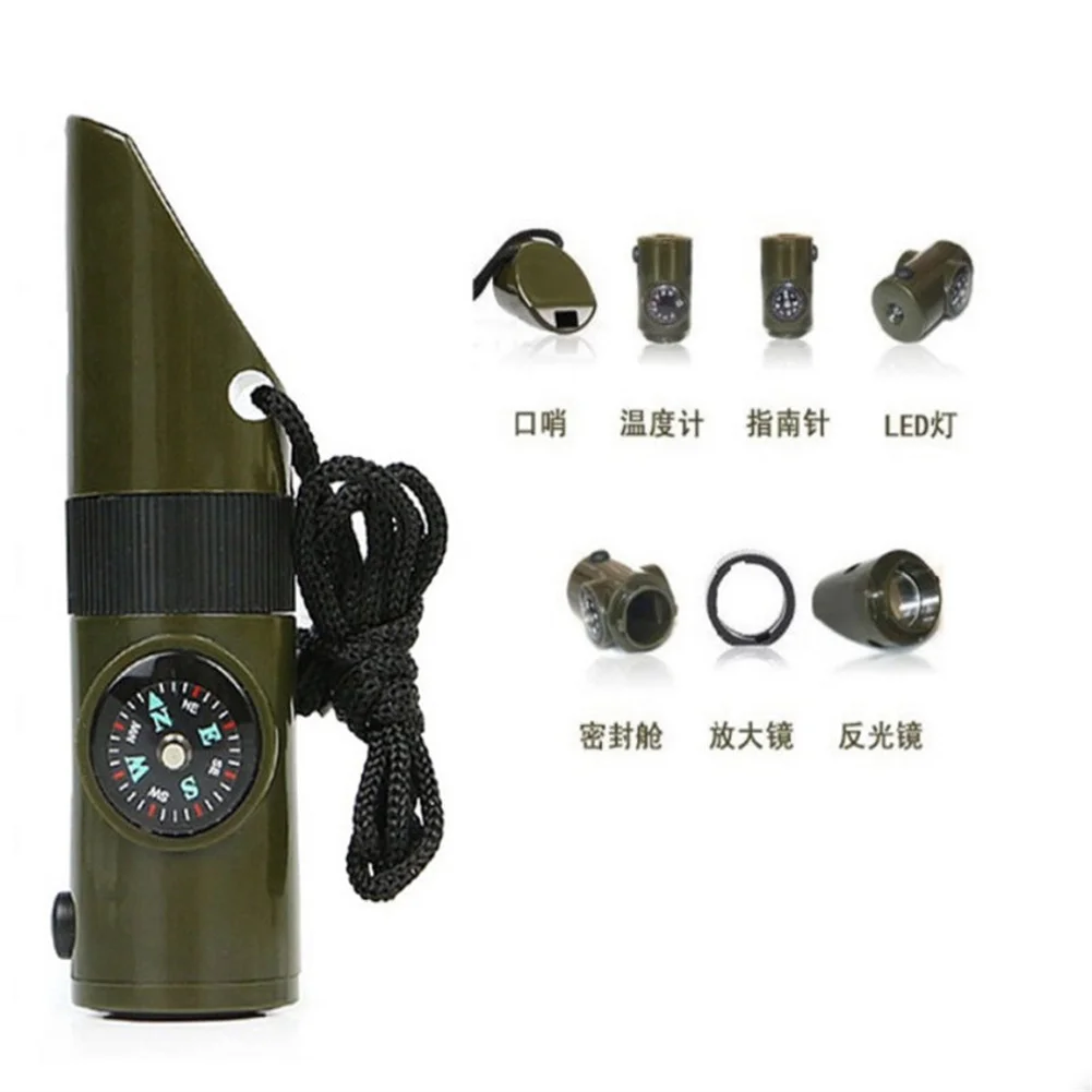 

7 in 1 Field Survival Whistle with Compass Thermometer Flashlight Magnifier Outdoor Multifunction Tools for Hiking Camping 2022
