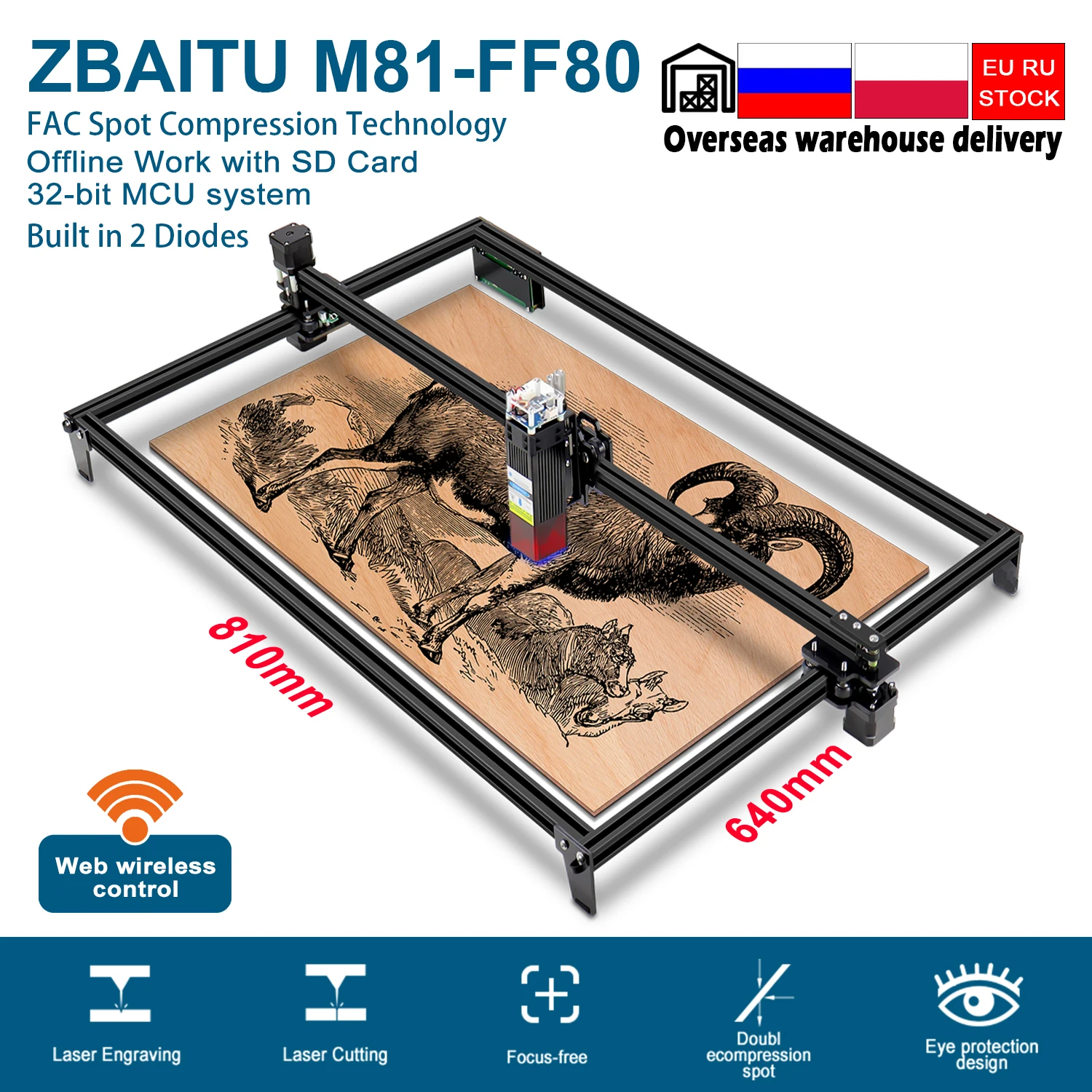 ZBAITU-máquina de grabado de Marco grande CNC DIY,80W, impresión láser de 46x81cm, corte de madera de 10mm, talla grande, de RU PL