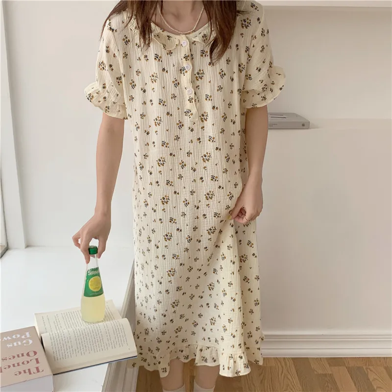 

Summer Women Nightgown Floral Print Cotton Peter Pan Collar Short Sleeve Summer Cute Dress Home Clothes Nightshirt Ladies D252