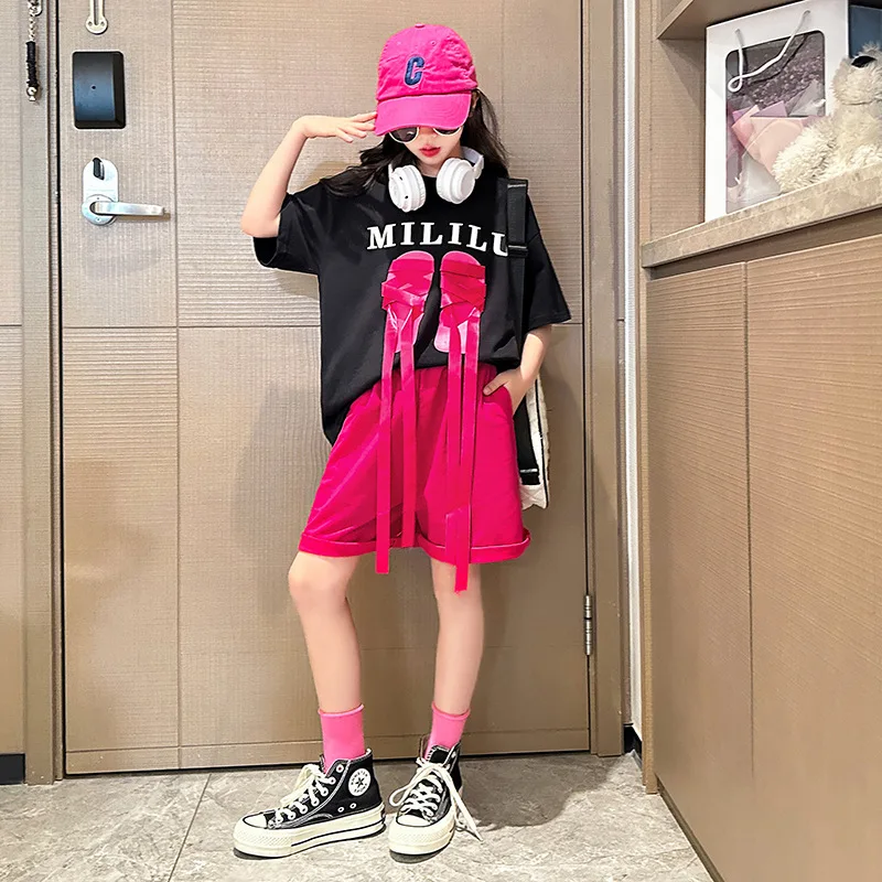 

Summer Girl Sets Cool Streetwear Short Sleeve Black Tops Shorts Two Pieces Teenager Clothing