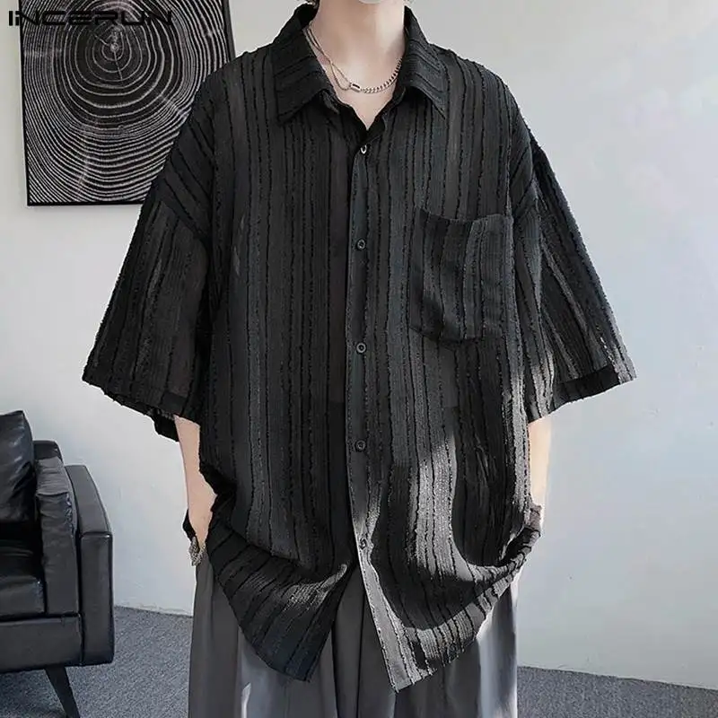 

2023 Men Shirt Solid Color Pleated Lapel Short Sleeve Summer Casual Thin Shirts Streetwear Korean Style Men Clothing INCERUN